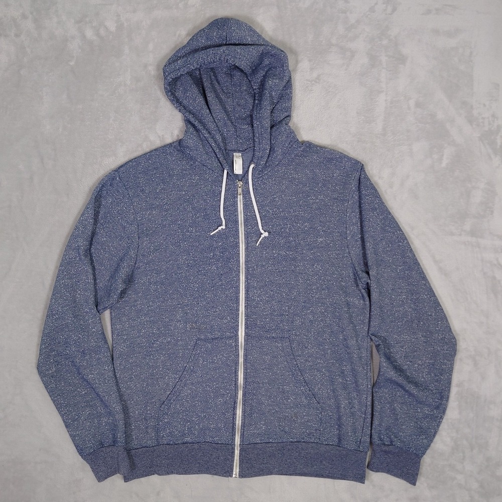 Vtg American Apparel Blank Hoodie Men L Terry Slim Fit Full Zip Blue Made in USA